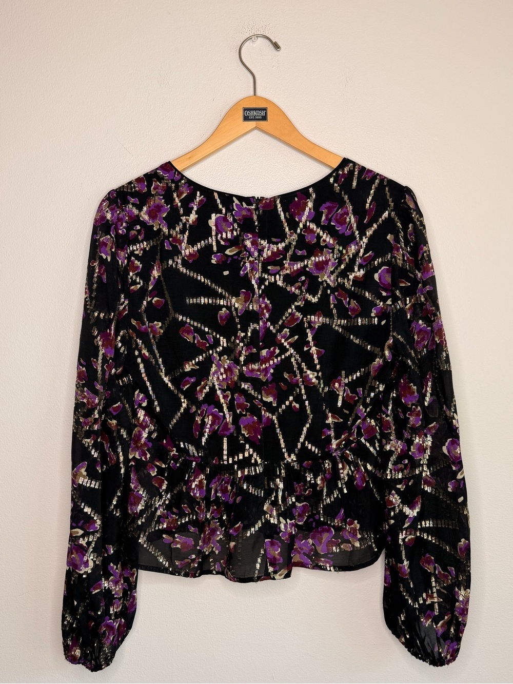 ba&sh Divine Silk Blend Gold Lurex Long Sleeved Peasant Top in Noir US Size 4 - Picture 11 of 15